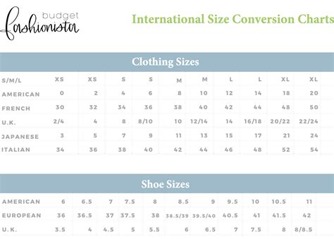 international size conversion chart clothes  shoes budget fashionista