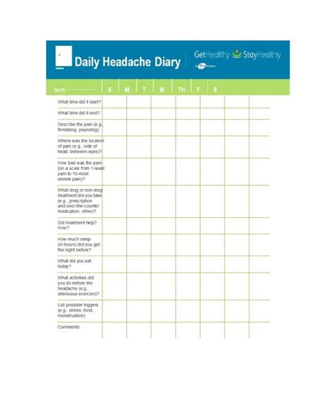 printable printable headache diary template printable templates