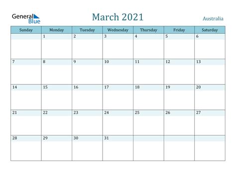 march  calendar australia
