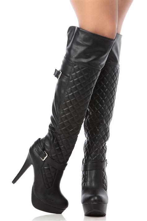 black faux leather quilted knee high platform boots  cicihot boots