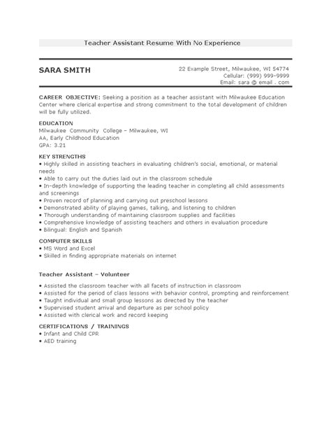 teacher assistant resume   experience templates