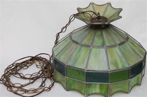 Vintage Leaded Glass Shade Light Fixture Green Stained Glass Pendant