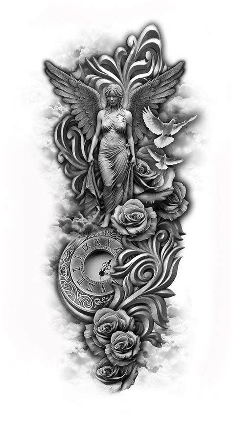 Angel Clock Roses Birds Sleeve Tattoos For Girls Black White Sketch