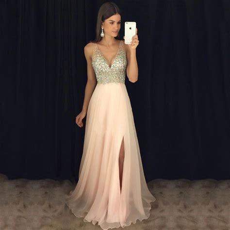 pink prom dresses elegant chiffon v neck long evening