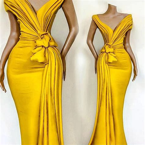 yellow  african evening dresses pleats knoted mermaid prom gowns  neck short sleeve ruffles