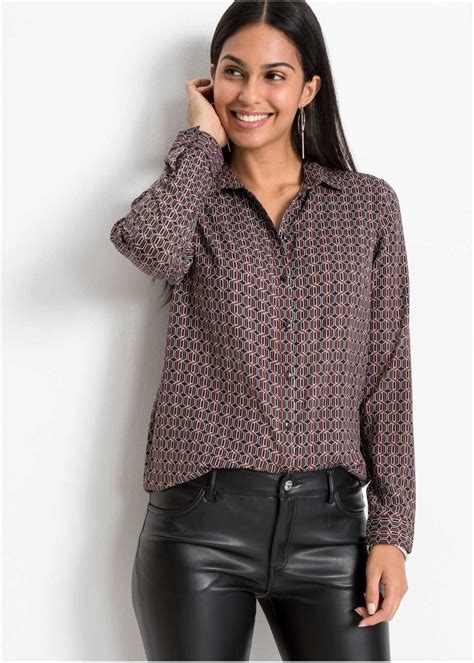 trendy blouse met een mooie print en een doorlopende knoopsluiting zwartroestkleur grafische