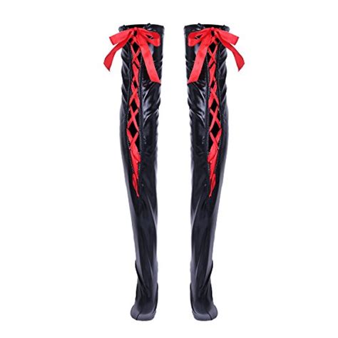 iefiel women punk fashion lacing up patent leather thigh high stockings red one size