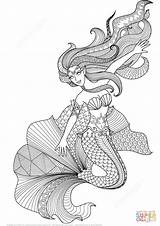 Mermaid Coloring Zentangle Pages Adults Printable Color Drawing Book sketch template