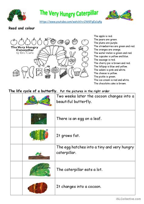 hungry caterpillar compre english esl worksheets