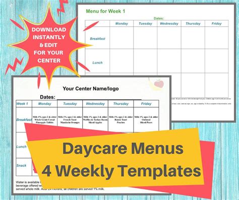 daycare weekly menus childcare center printable menu etsy daily