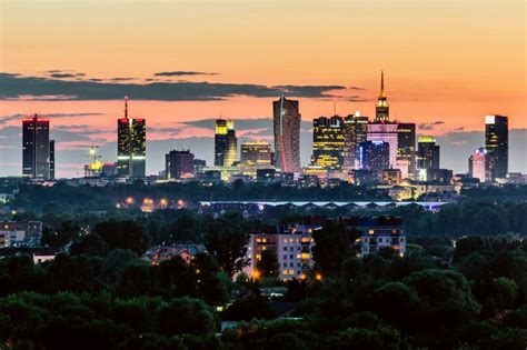 Warsaw City Skyline After Sunset Warsaw City Warsaw Skyline