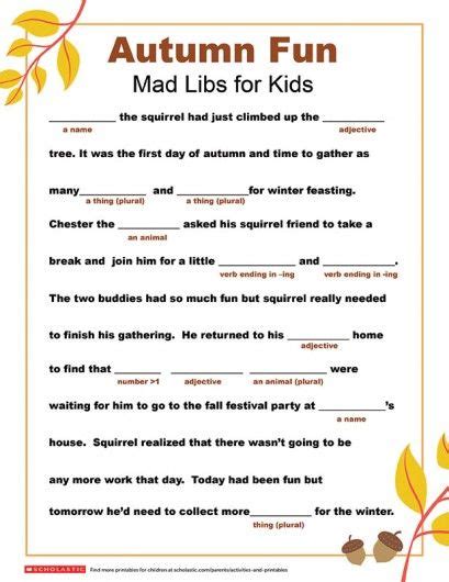 mad libs printable  fall parents scholasticcom thanksgiving