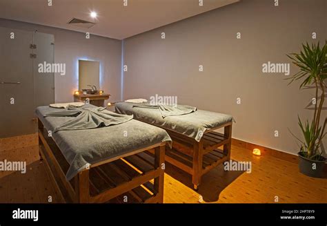 double massage room  twin beds   luxury health spa  towels