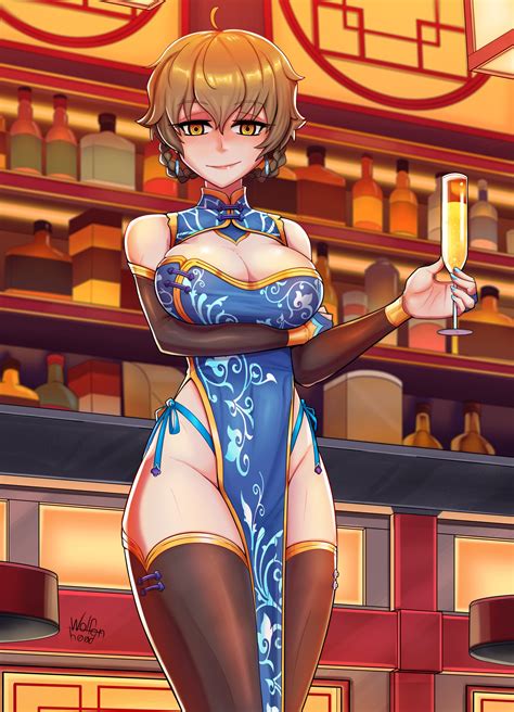 Rule 34 1girls Ahoge Amane Suzuha Artist Signature Bar Blue Dress