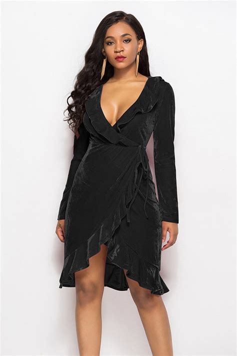 V Neck Plus Size Dresses With Long Sleeve And Flounce Design