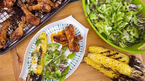 rachael s balsamic marinated chicken legs green tomato salad and corn with garlic butter