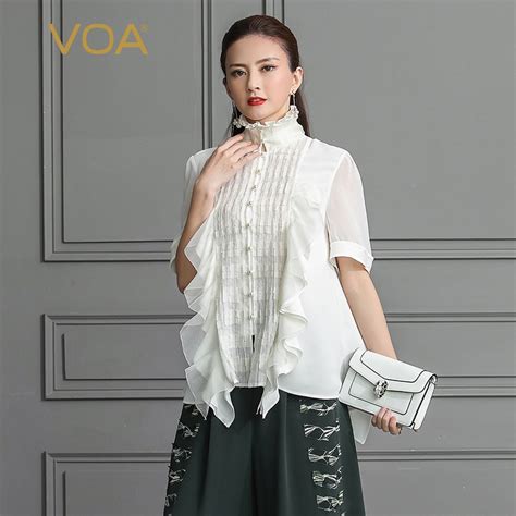 voa white women tops heavy silk blouse  size xl shirt pearl rococo vintage ruffle sexy mesh