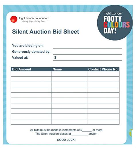 silent auction bid sheet  printable