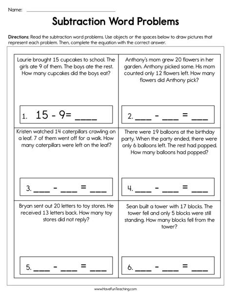 subtraction equations word problems worksheet  fun teaching