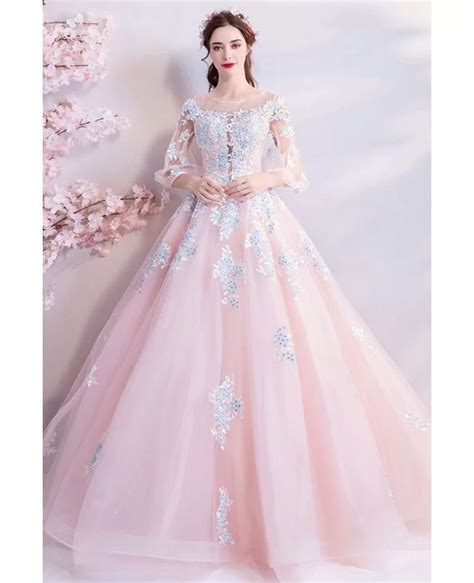 dremy princess pink ball gown formal dress  sleeves sequins