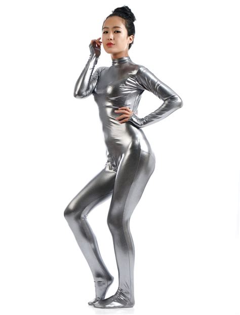 gray shiny metallic cosplay zentai suit  women halloween milanoocom