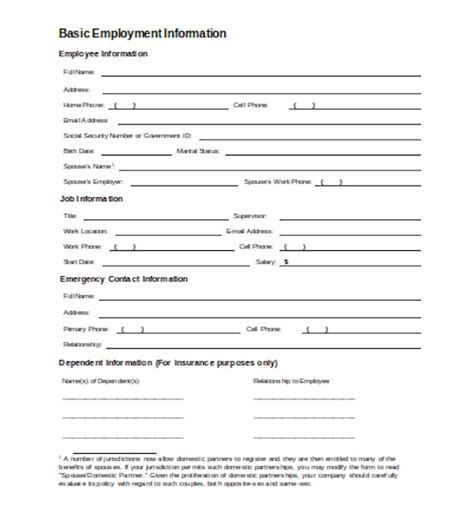sample employee information forms   word excel