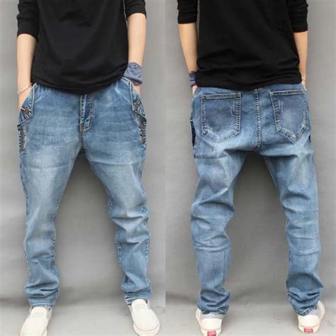 mens blue baggy harem jeans  buttons  size stretchy loose hip hop skateboard
