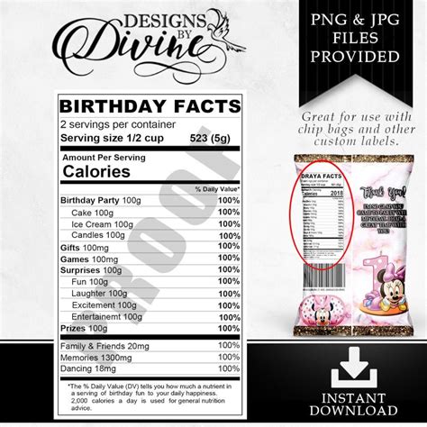 birthday nutrition facts label custom label chip bag water bottle label candy label printable