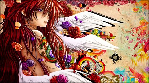 angel wings flowers red hair beautiful female girl hd anime wallpaper download background images