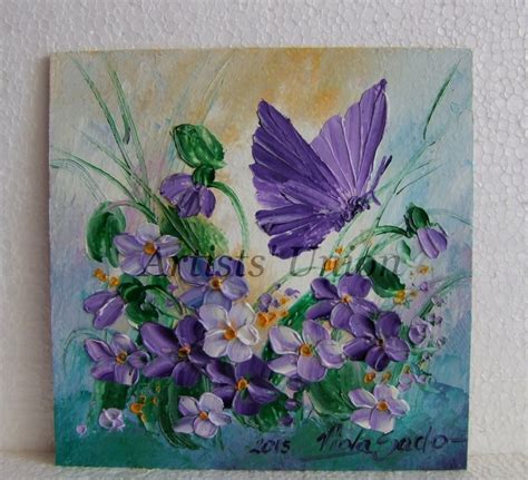 Violets Butterfly Original Oil Painting Textured Art Flowers Palette