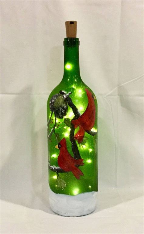 Christmas Cardinal Painted Wine Bottle With Lights Etsy Painted