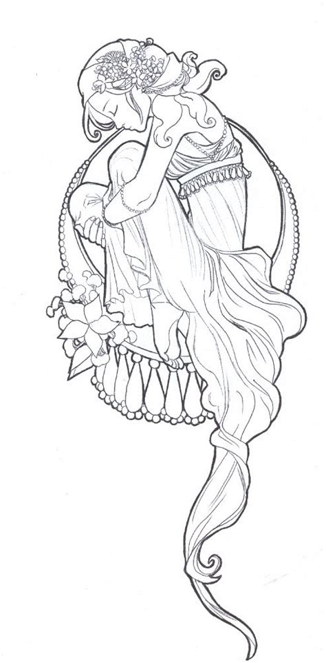 drawing   mermaid holding  flower   hair  wearing  tiara