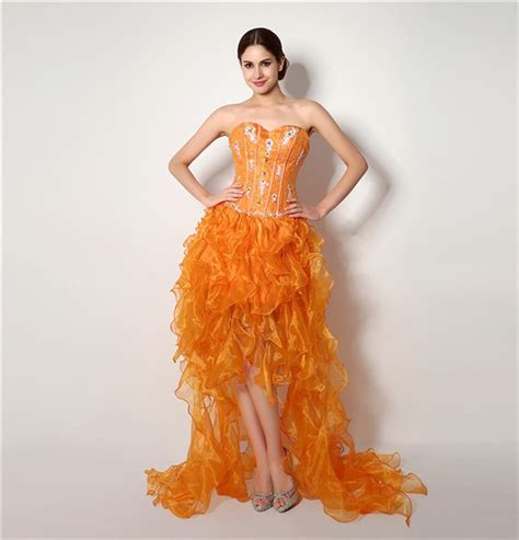 fashion strapless high low orange organza ruffle corset