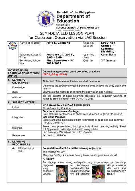 sped lesson plan classroom observation  semi detailed lesson plan
