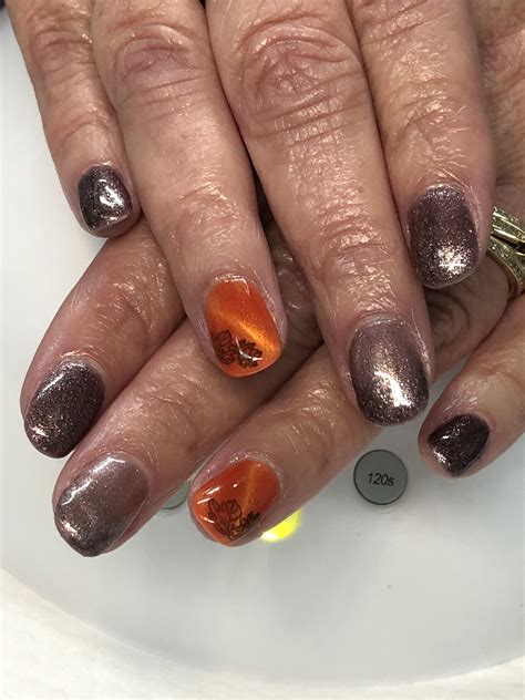 Fall Glitter Taupe Orange Magnetic Leaf Gel Nails Gel Nail Designs