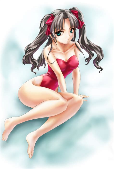Highres Twintails Black Hair Ribbon Green Eyes Swimsuit