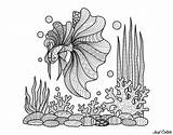 Coloring Fish Zentangle Pisces Corals Adult Water Pages Worlds Color Adults Drawn Style Kids Justcolor sketch template