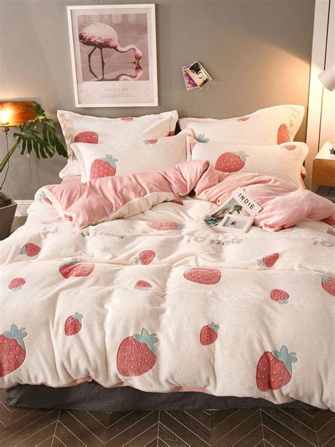 strawberry print sheet set sheinsheinside pinkbedroomforteengirls room inspiration bedroom