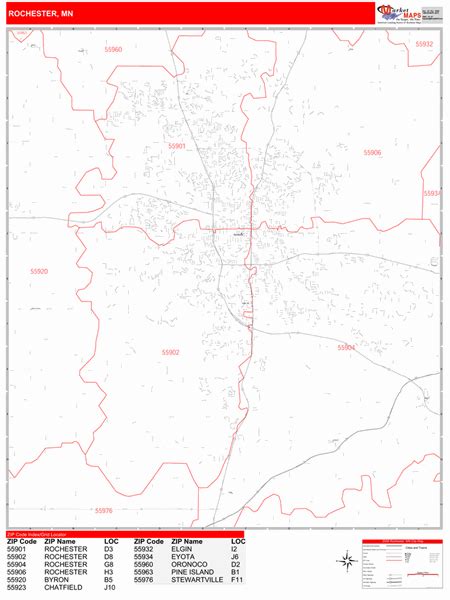 Rochester Minnesota Zip Code Wall Map Red Line Style By
