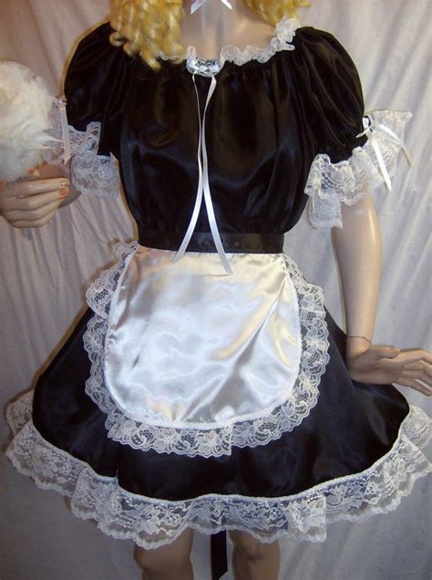 4pc adult black satin french maid costume sexy sissy dress and