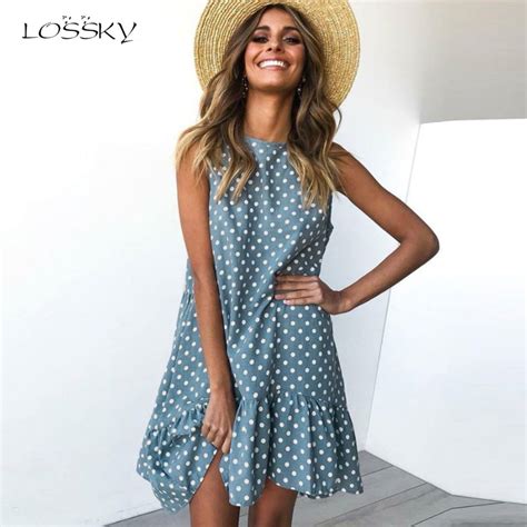 lossky women summer dress fashion polka dot dress sleeveless beach mini dress casual printed