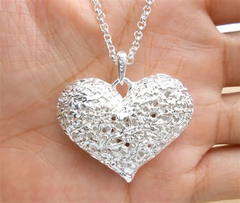 buy  pure silver plated ladies fashion big hollow heart pendant necklace