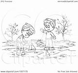 Coloring Creek Boys Playing Outline Clip Boats Illustration Royalty Bannykh Alex Drawings 13kb 1024px 1080 sketch template