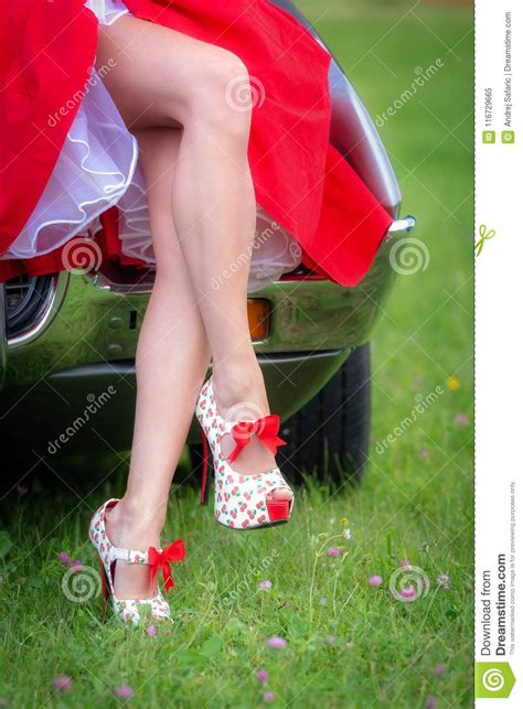 Pin Up Girl Style Long Legs In Red Heels Stock Image Image Of Motor