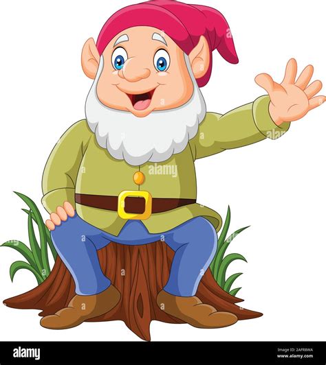 cartoon happy dwarf sitting  tree stump stock vector image art alamy