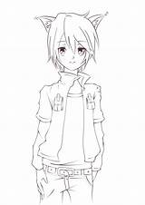 Anime Boy Wolf Coloring Drawing Lineart Cute Pages Boys Male Guy Cat Ears Base Names Guys Drawings Hoodie Manga Kitten sketch template