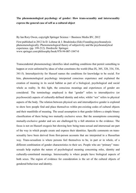 Pdf The Phenomenological Psychology Of Gender How Trans Sexuality