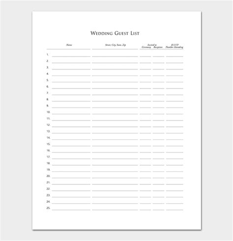 printable wedding guest list printable printable templates