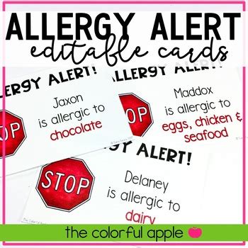 editable allergy alert cards   colorful apple tpt
