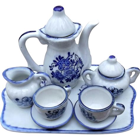 vintage miniature tea set blue white flowers china dolls bears  saltymaggie  ruby lane